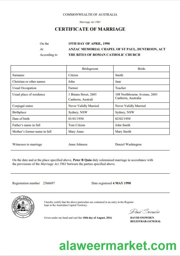 Australia Australian Capital Territory marriage certificate template in Word